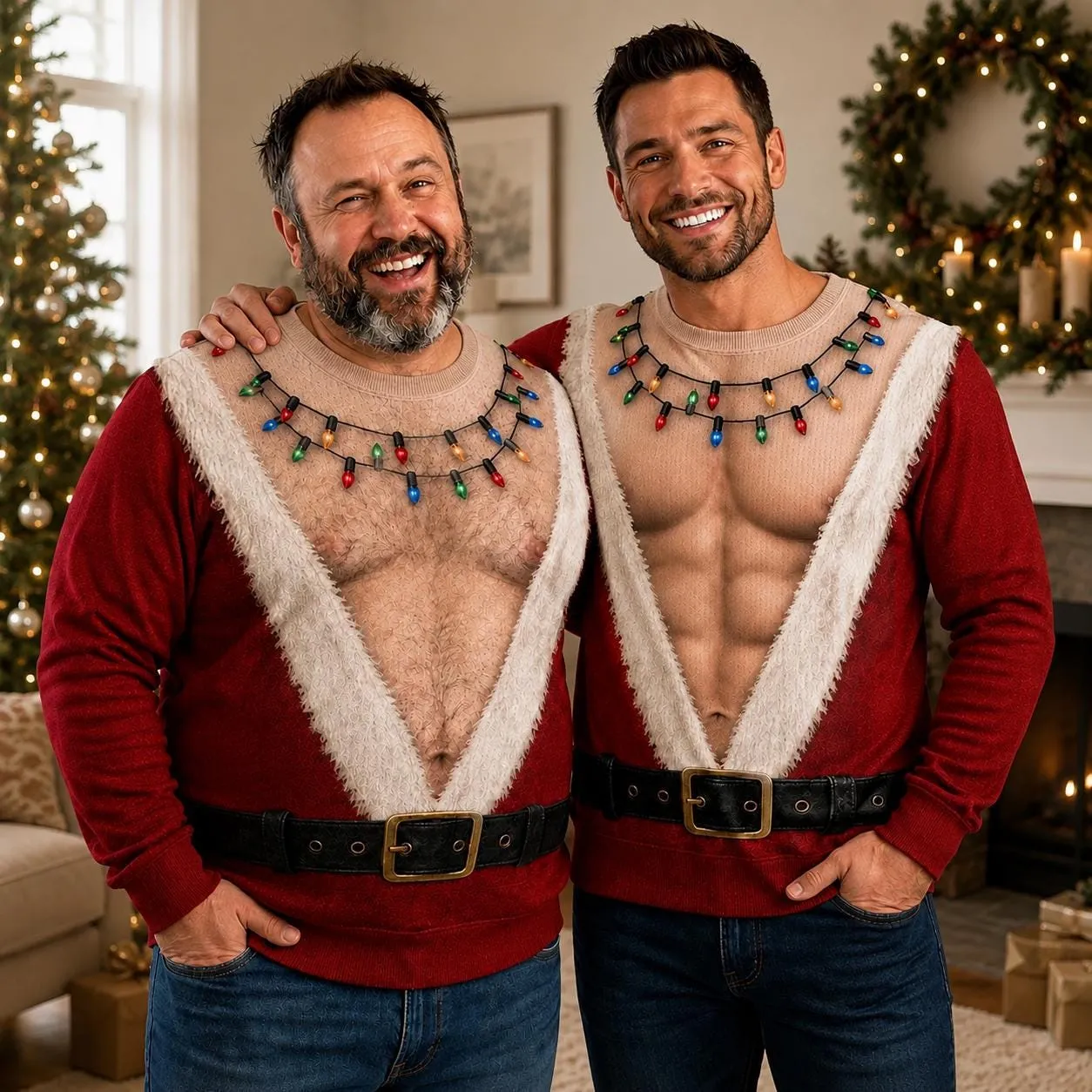 Funny Hairy Chest Fake Abs Santa Ugly Christmas Sweater, Holiday Party Sweatshirt, Hilarious Novelty Christmas Pullover for Men