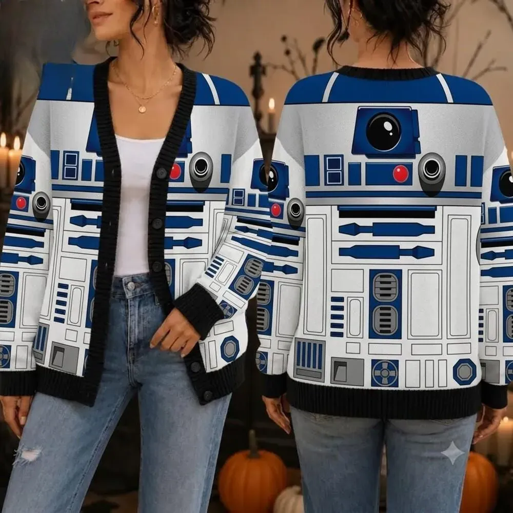 R2-D2 Star Wars Cardigan, R2-D2 Cosplay Movie Sweater, Star Wars Costume Outfit, Halloween Theme Park Cardigan