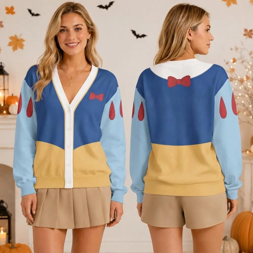 Snow White Halloween Cardigan, Snow White Dress Knit Sweater, Magical Kingdom Snow White Princess Cosplay Apparel, All Over Print