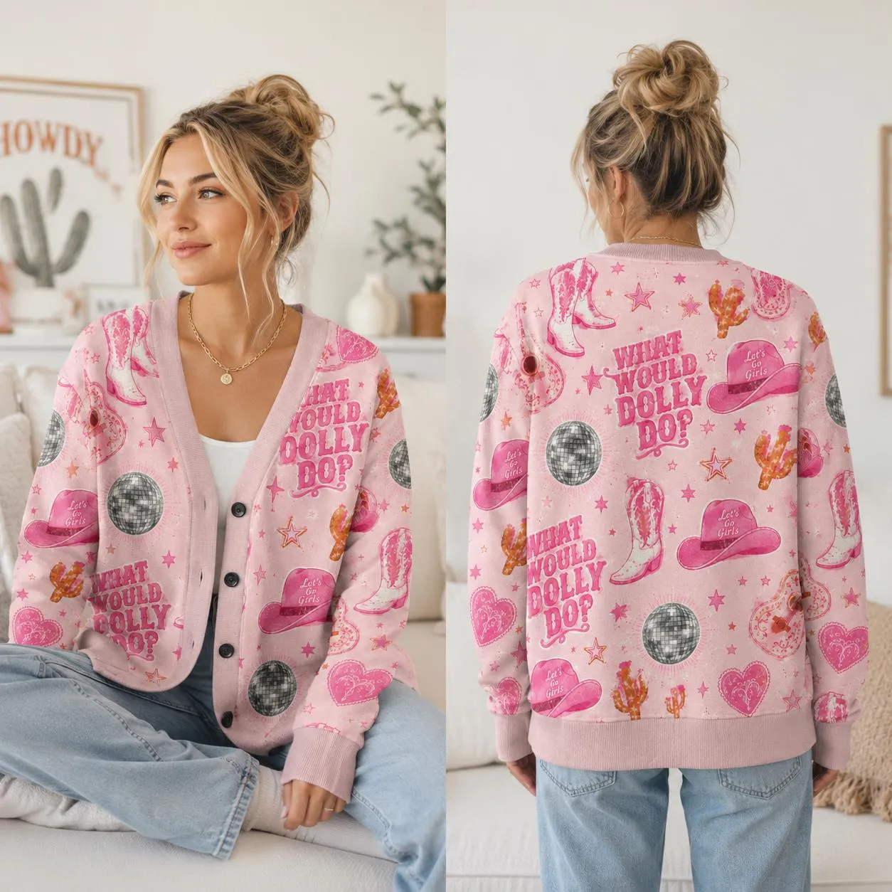 Dolly Parton What Would Dolly Do Cardigan, Cowgirl Boots Disco Ball Floral All Over Print Sweater, Retro Country Music Outfit