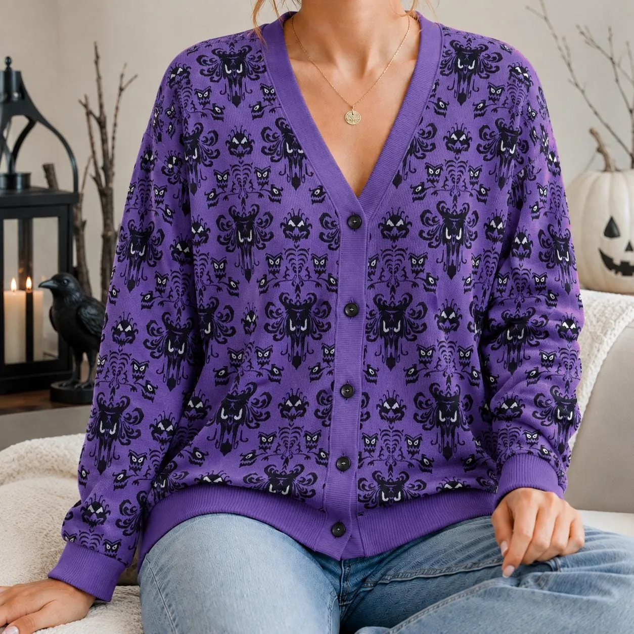 Haunted Mansion Costume Cardigan, Purple Ghost Host Sweater, Foolish Mortals Hitchhiking Ghosts Cardigan, Disney Halloween Apparel