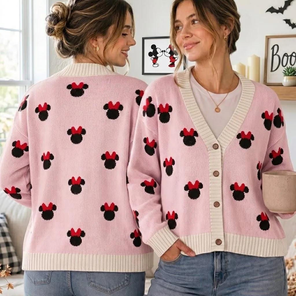 Minnie Mouse Bow Cardigan, Cute Pink Disney Sweater, Disney Park Knitwear Outfit, Pink Minnie Heads All Over Print Cardigan