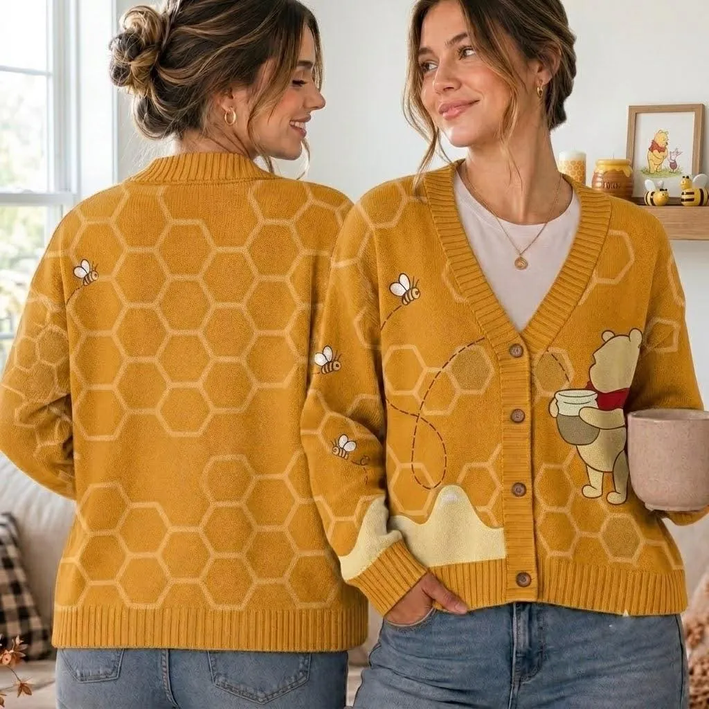 Winnie the Pooh Cardigan, Disney Pooh Bear Honey Sweater, Pooh Honey Cardigan Outfit, Cute Bee Theme Cardigan 3D All Over Print Knit