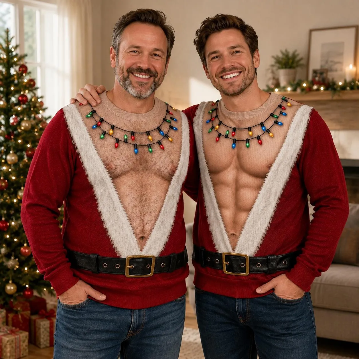 Funny 3D Fake Hairy Chest Christmas Sweatshirt, Santa Belly Ugly Christmas Sweater, Personalized Skin Tone, Novelty Xmas Gift for Husband