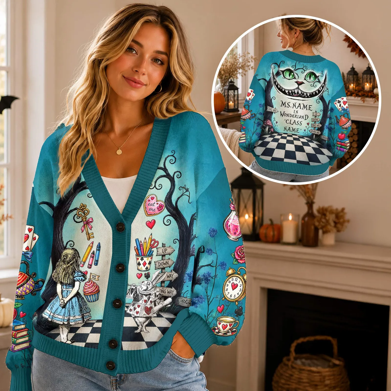 Alice in Wonderland Teacher Cardigan, Personalized Teacher Sweater, Cheshire Cat Wonderland Classroom Outfit, Halloween Teacher Gift