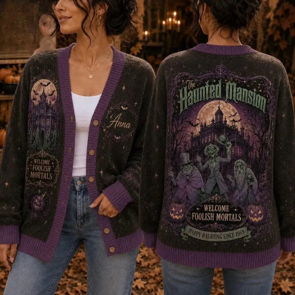 Custom Name Haunted Mansion Cardigan, Welcome Foolish Mortals Ghost Host Sweater, Haunted Halloween House Theme Park Cardigan