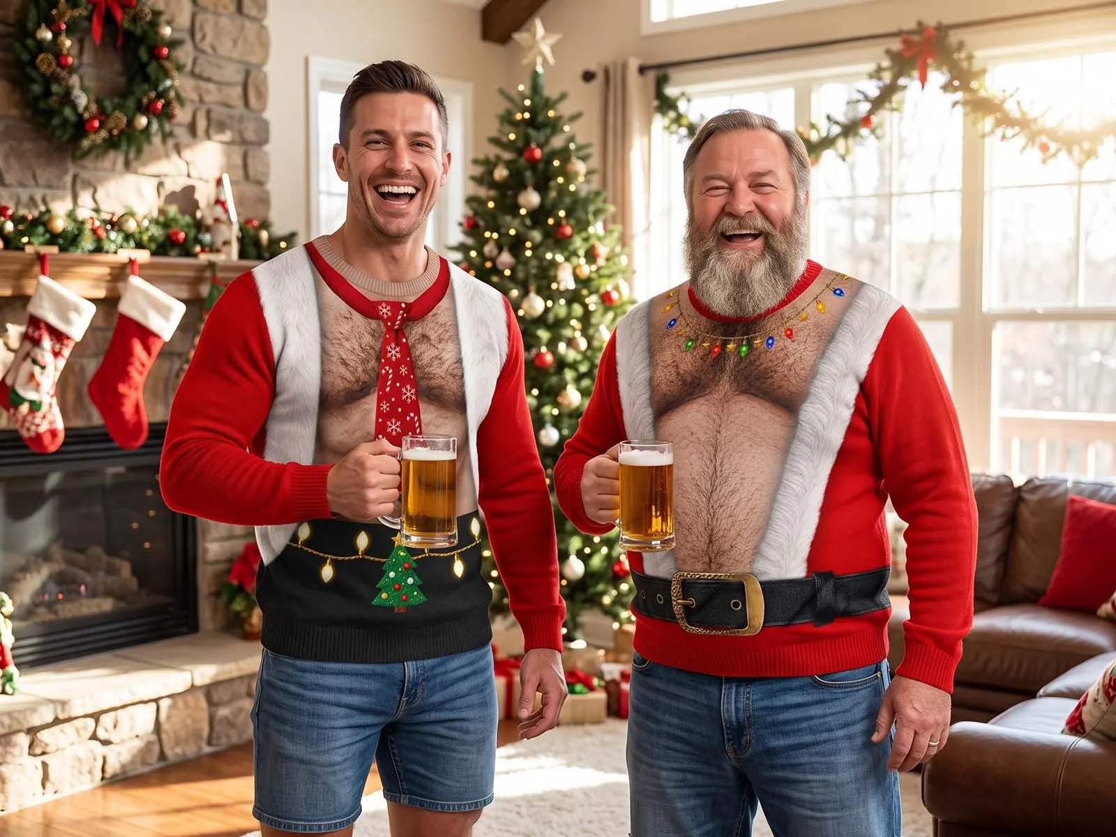 Funny Santa Abs Ugly Christmas Sweater, Santa Fake Abs Hairy Chest 3D Sweatshirt, Unisex Christmas Gag Gift for Husband Dad Grandpa