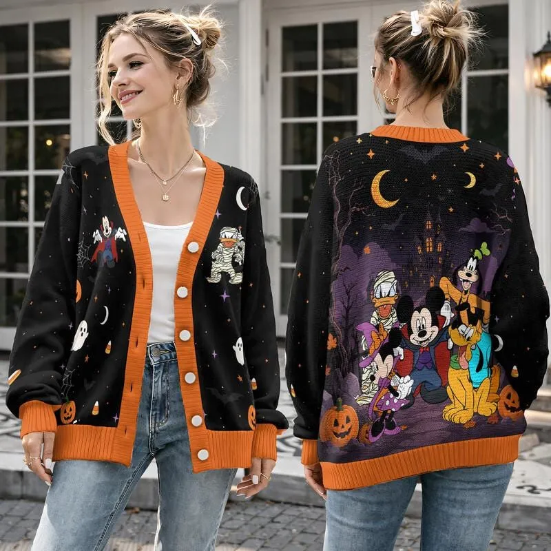 Minnie Witch Mouse Friends Halloween Cardigan, Cute Cartoon Knit Sweater, 2026 Family Halloween Trip Outfit, 3D All Over Print Knitwear