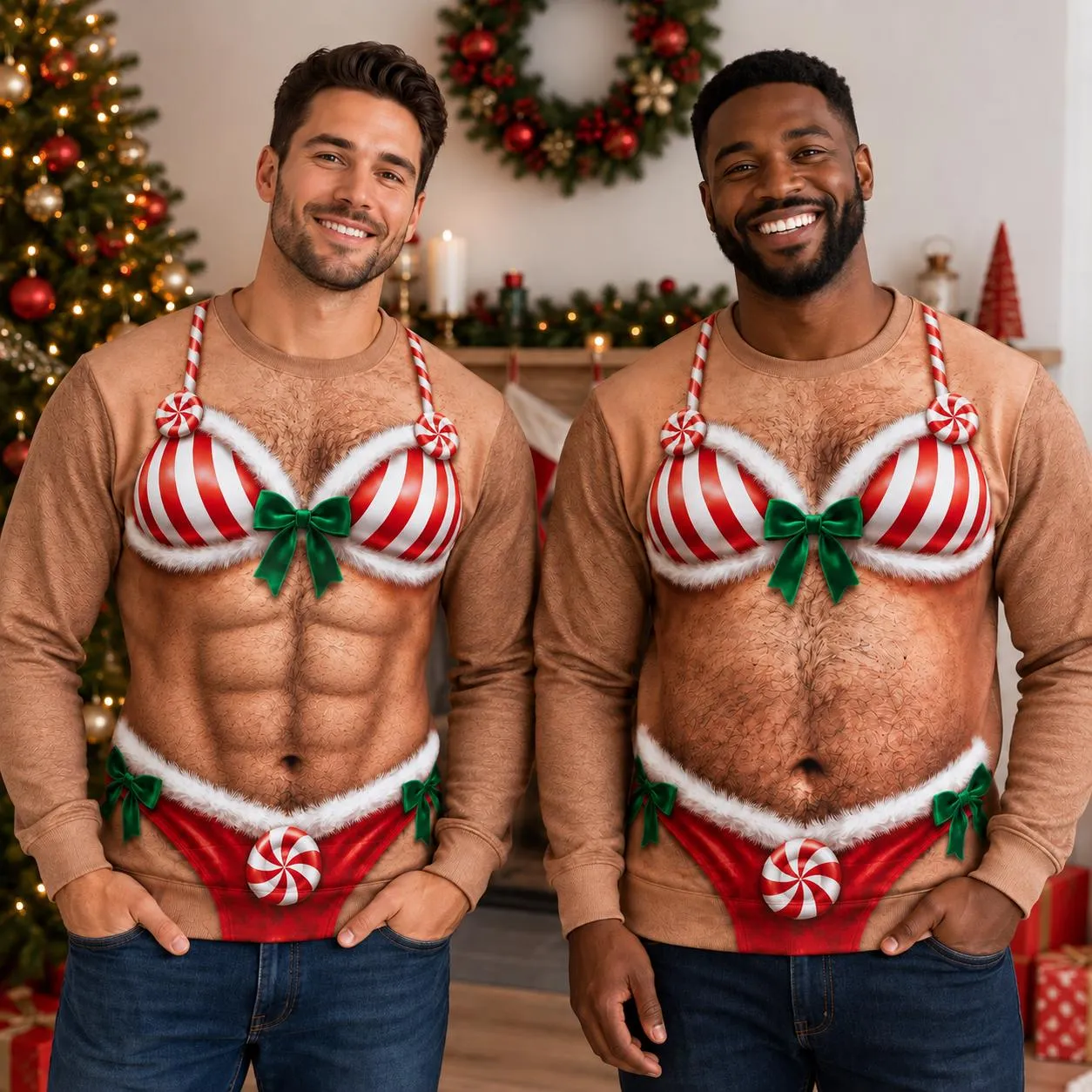 Personalized Fake Body Abs Funny Christmas Ugly Sweatshirt, Custom Long Sleeve Crewneck Sweater, 3D All Over Print Christmas Gag Gift