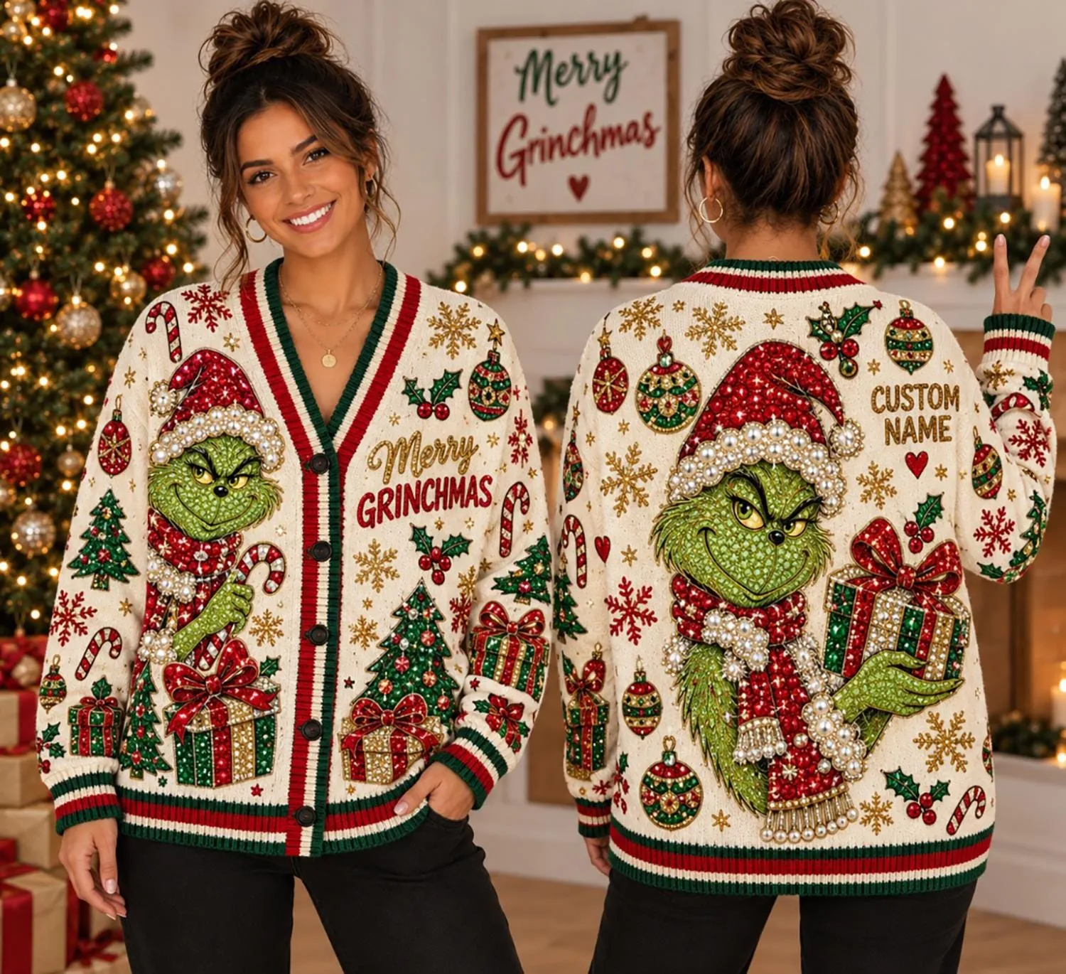 Personalized Merry Greenhmas Christmas Cardigan, Green Knitted Custom Name Cardigan, Christmas Sweater, Festive All Over Print Knitwear
