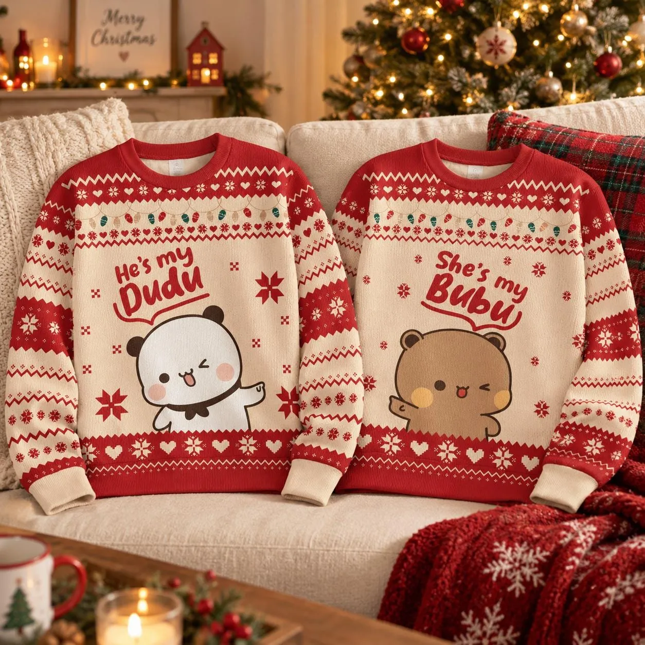 Bubu Dudu Panda Bear Matching Couple Ugly Christmas Sweater, He's My Dudu She's My Bubu Xmas Sweater, Holiday Gift for Couples