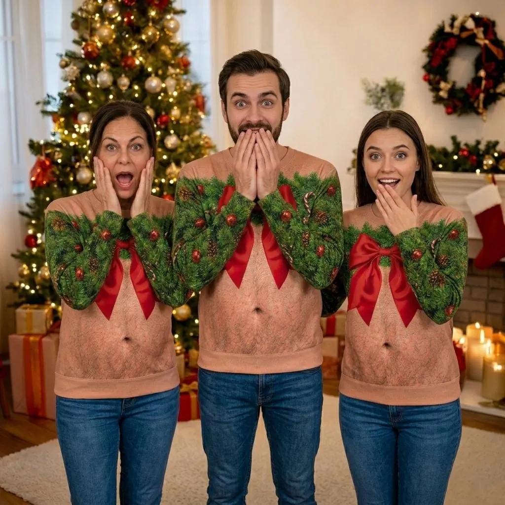 Funny Christmas Body Sweatshirt for Women, 3D Holiday Bow Costume Ugly Christmas Sweater, Funny Xmas Party Outfit, All Over Print