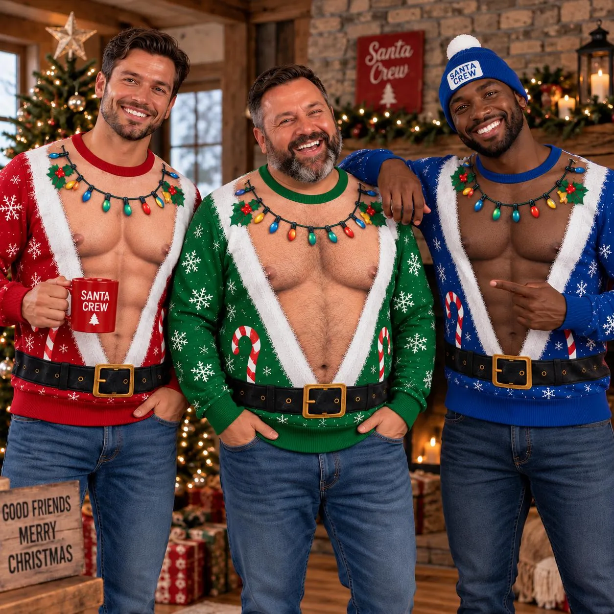 Funny Santa Body Christmas Sweater, Fake Abs Hairy Belly Ugly Sweater, Custom Back Text, Funny Christmas Gag Gift for Husband Dad Grandpa