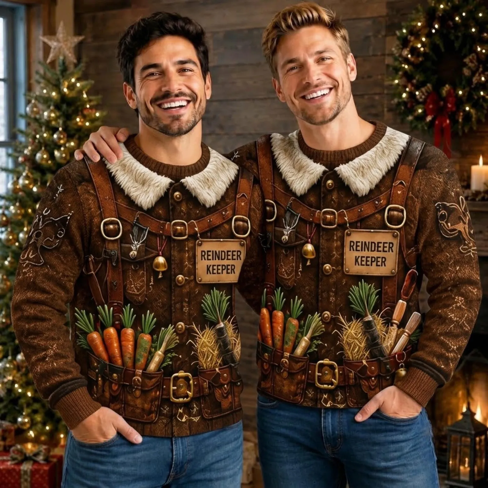 Funny Santa Reindeer Keeper Ugly Christmas Sweater, 3D Fake Rancher Rustic Xmas Pullover with Custom Name Tag, Novelty Holiday Sweater