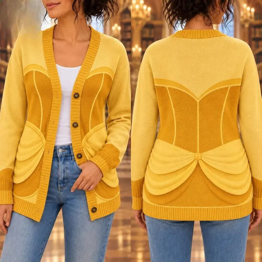 Belle Cardigan, Beauty and the Beast Movie Sweater, Belle Cosplay Costume Cardigan, WDW Halloween Costume Sweater 3D All Over Print