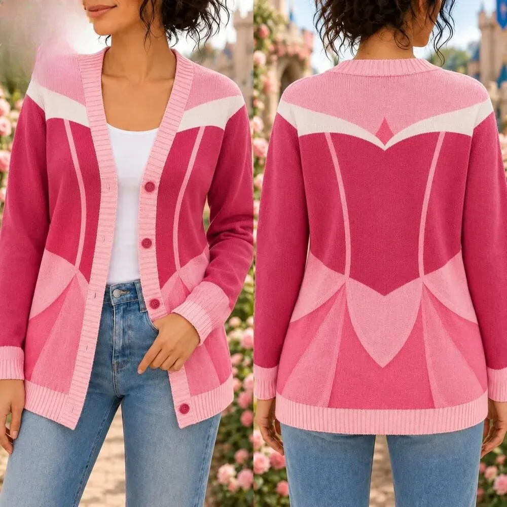 Aurora Sleeping Beauty Cardigan, Aurora Cosplay Sweater, WDW Halloween Costume Sweater, Pink Princess Movie 3D All Over Print Cardigan