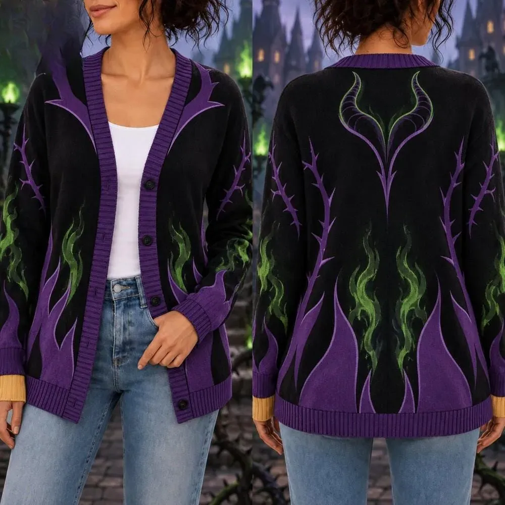 Maleficent Sleeping Beauty Cardigan, Maleficent Cosplay Costume Sweater, WDW Halloween Costume Outfit, 3D All Over Print Knit Cardigan