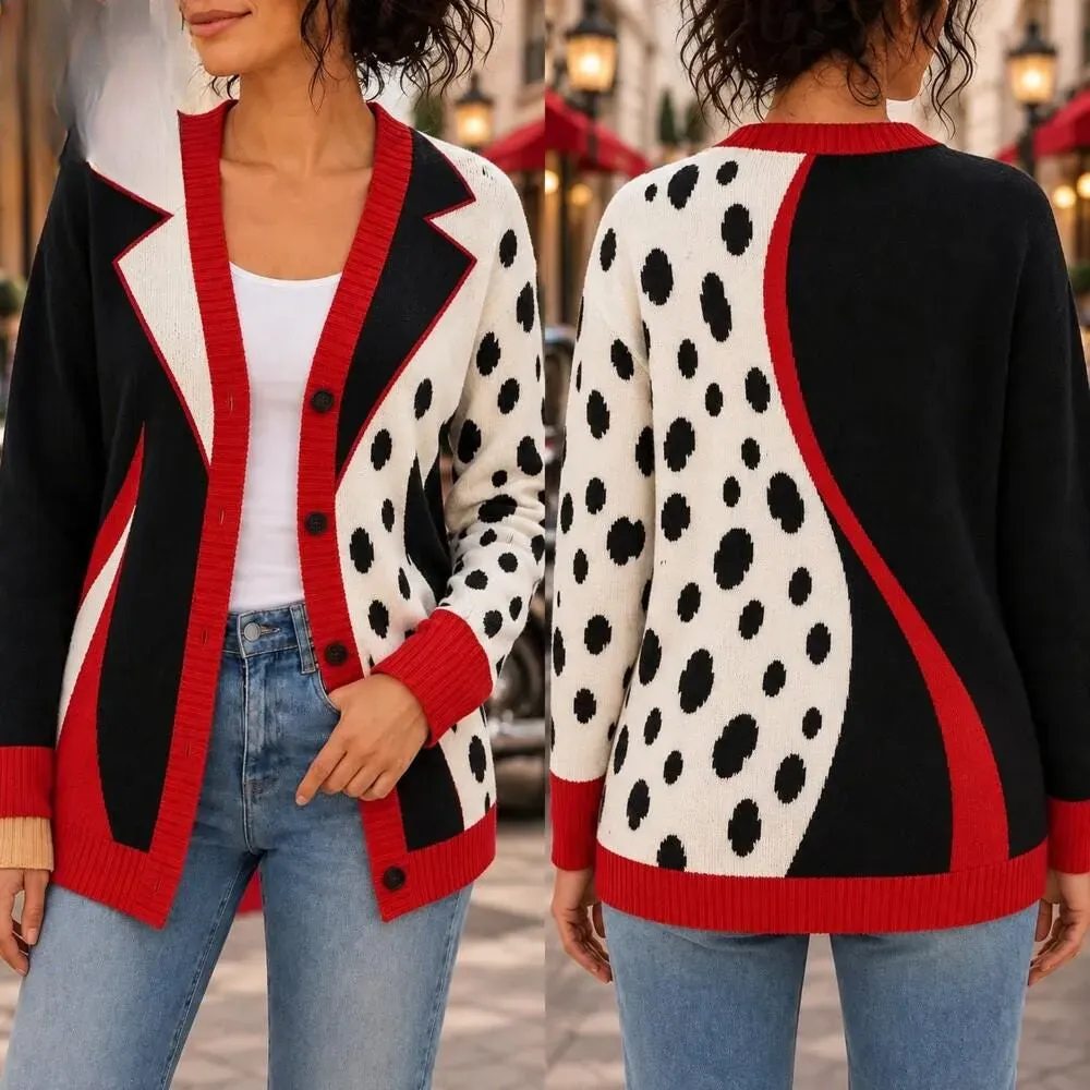 Cruella Cardigan, 101 Dalmatians Movie Cardigan, Cruella Cosplay Sweater, WDW Halloween Costume Sweater with Dalmatian Spots