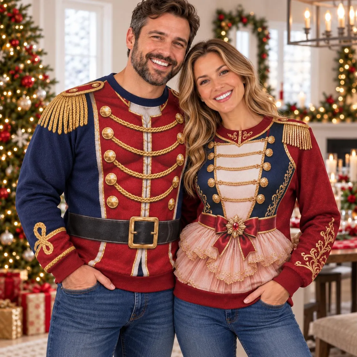 Matching Nutcracker Christmas Sweatshirts, Toy Soldier and Ballerina Couple Sweaters, Unisex 3D All Over Print Holiday Party Gift