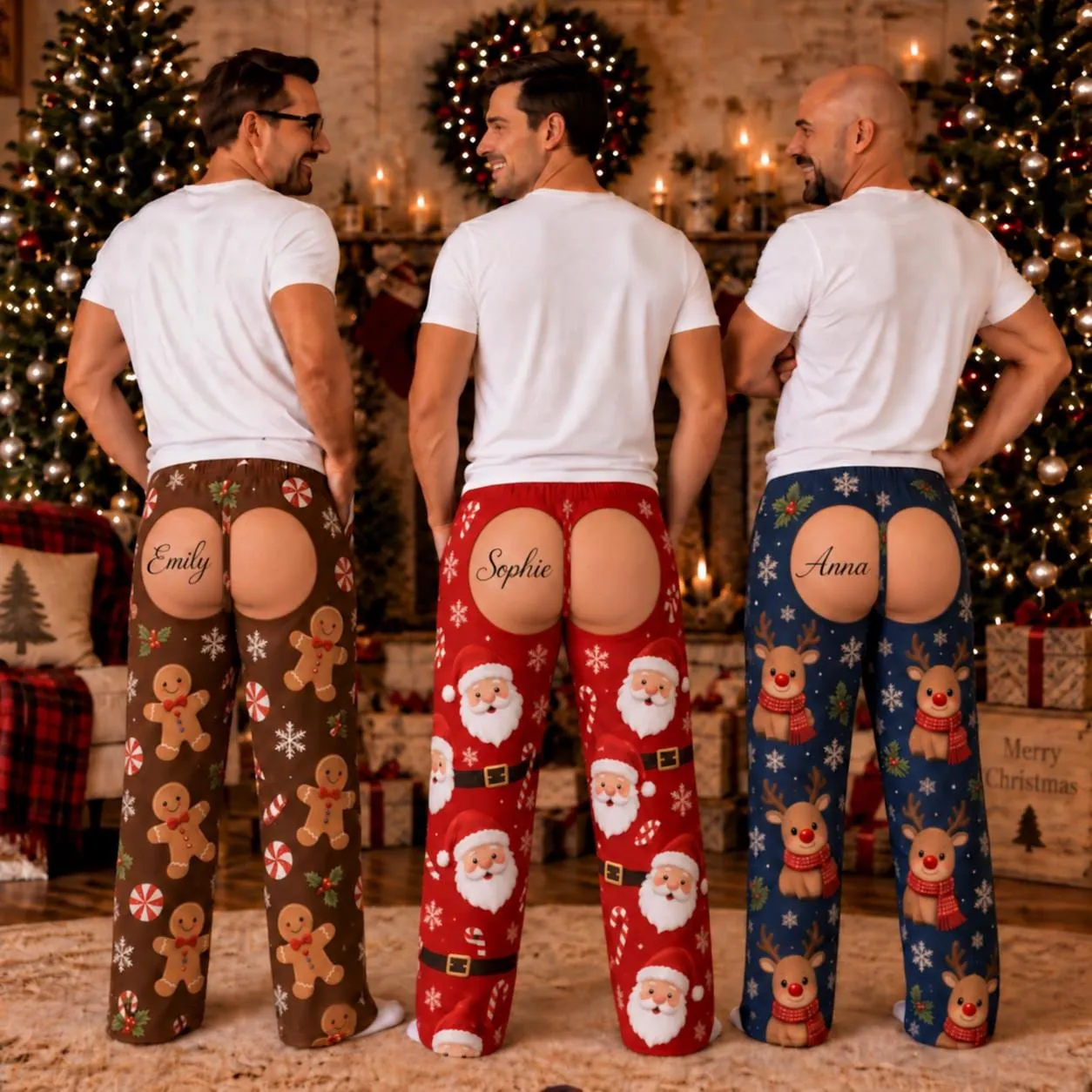 Personalized Funny Christmas Pajama Pants, Faux Bare Butt Print, Custom Name Novelty Holiday Lounge Pants, 3D All Over Print Xmas PJs