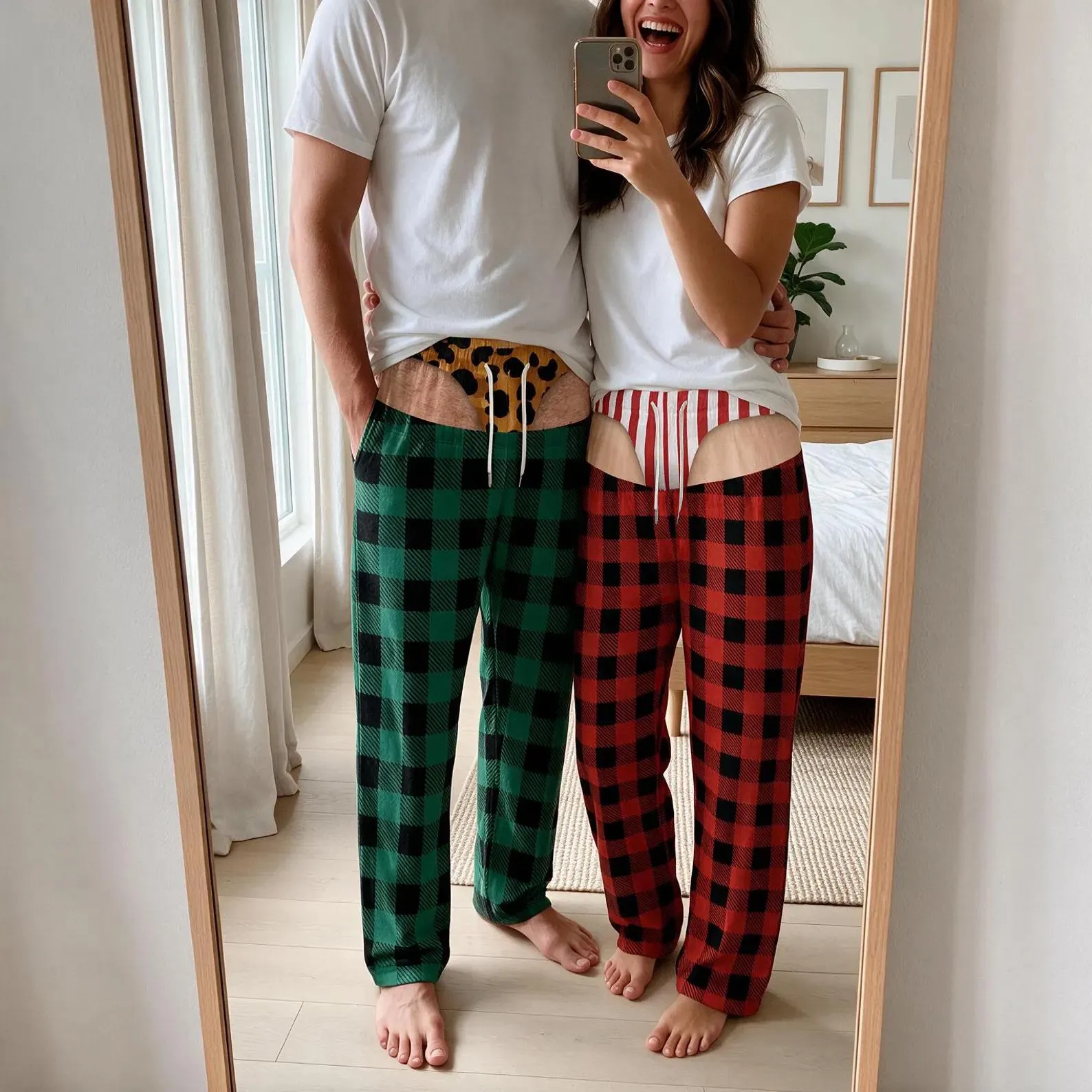 Personalized Funny Fake Butt Pajama Pants, Custom Matching Couple PJ Bottoms, Prank Christmas Sleepwear, Mens and Womens Lounge Pants