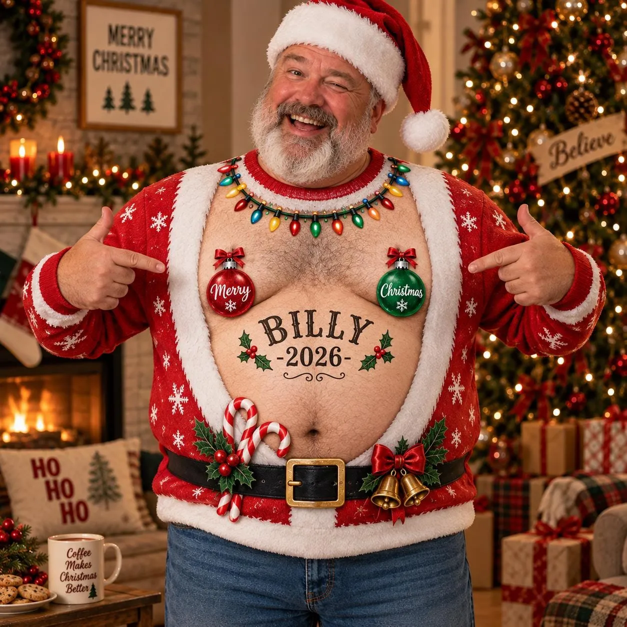 Personalized Santa Belly Christmas Sweater with Custom Name, Funny Hairy Chest Ugly Christmas Sweater, Xmas Gift for Men, All Over Print