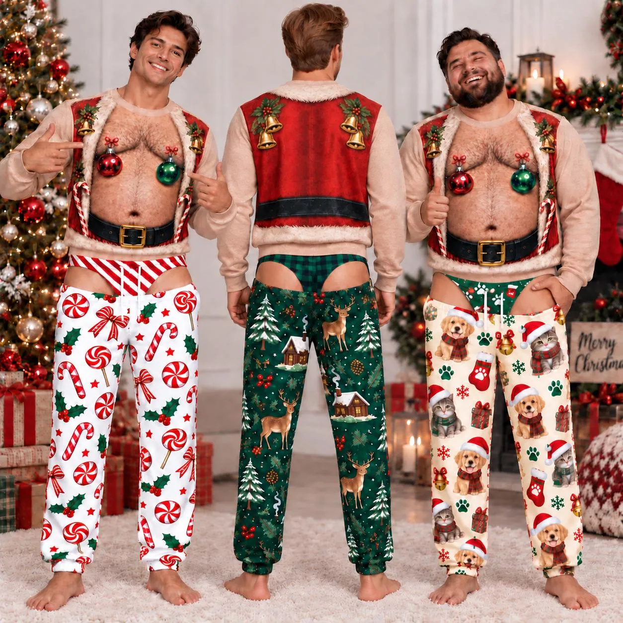 Personalized Men's Ugly Christmas Sweatshirt and Sweatpants Set, Novelty Open Chest Sweater, Funny Holiday Sleepwear, All Over Print Xmas Outfit