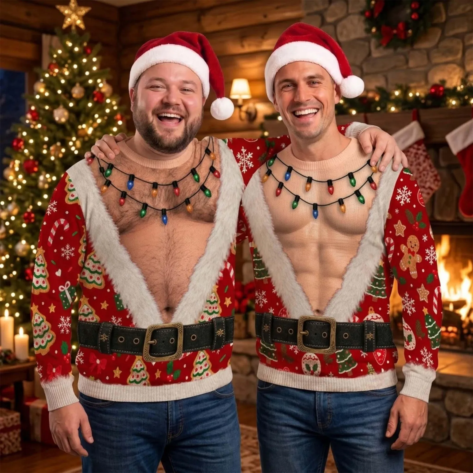 Santa Hairy Chest 3D Ugly Christmas Sweater, Funny Santa Body Sweatshirt, Adult Humor Holiday Party Outfit, White Elephant Gag Gift for Men