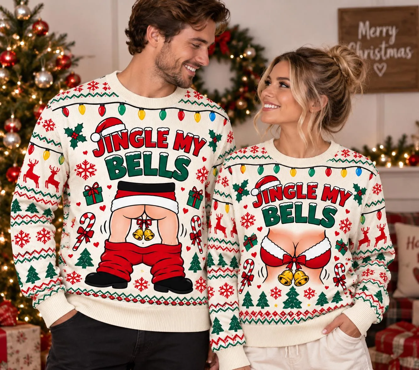 Jingle My Bells Matching Couple Ugly Christmas Sweater, Funny Xmas Sweatshirt, His and Hers Christmas Sweater, Couples Holiday Gift
