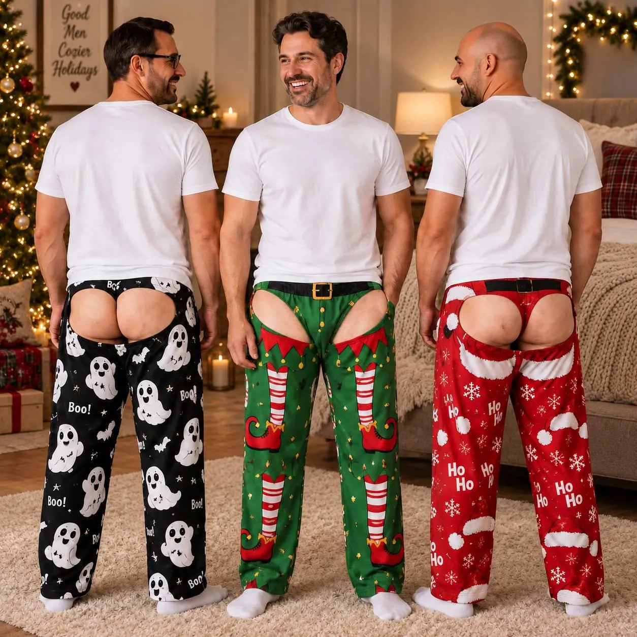 Personalized Men's Funny Chaps Pajama Pants, Custom Open Back Satin Holiday Loungewear, Fake Bare Butt 3D Print Novelty Lounge Pants