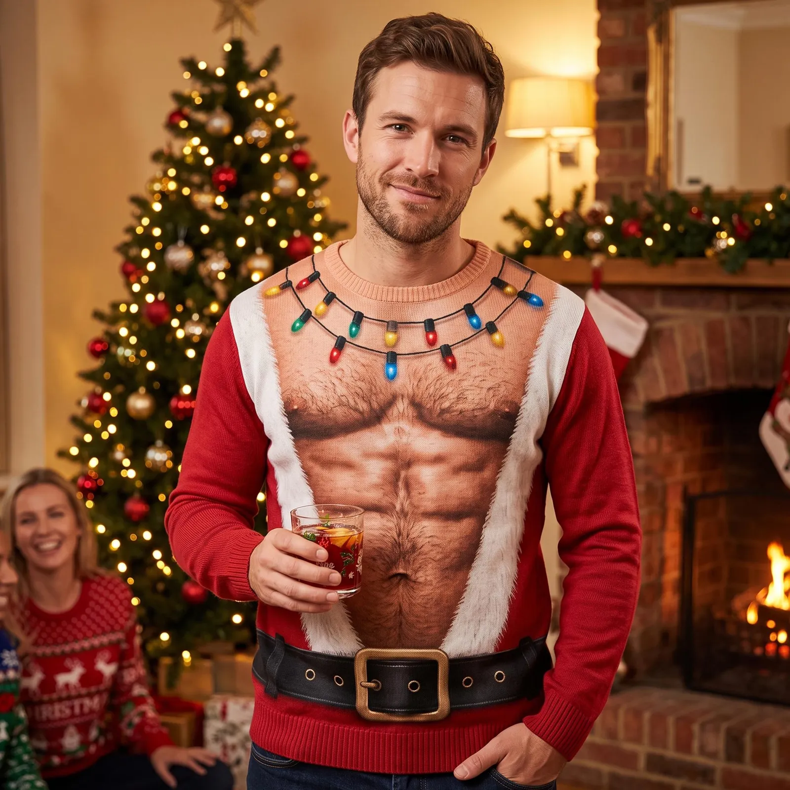Funny Santa Fake Abs Hairy Belly Ugly Christmas Sweater, 3D Santa or Elf Body Sweatshirt, Christmas Gag Gift for Husband Dad Grandpa
