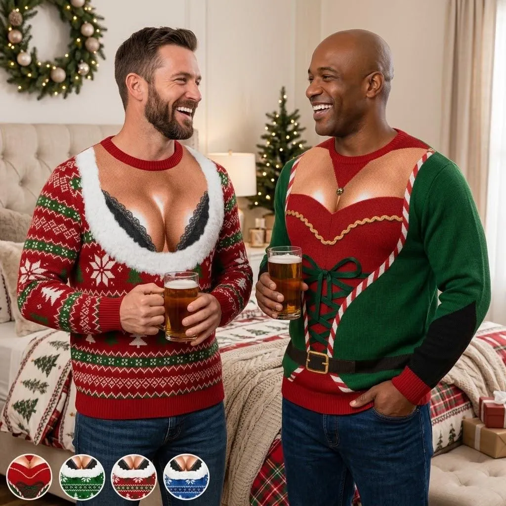 Custom Funny Chest Cleavage Ugly Christmas Sweater, Adult Humor Xmas Top, Novelty Holiday Party Shirt, Christmas Gag Gift for Men