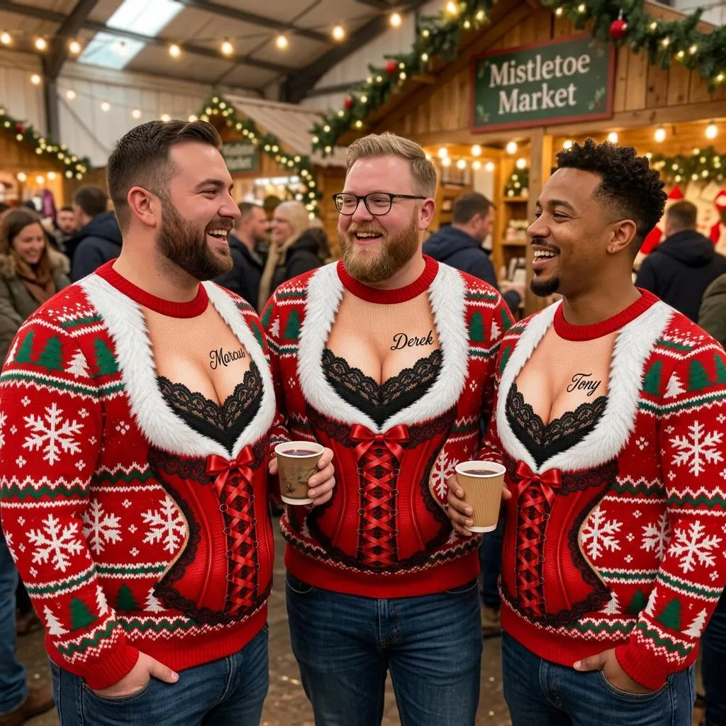 Personalized Funny Ugly Christmas Sweater, Custom Name Corset Illusion Sweater, Fake Cleavage Gag Gift Pullover for Men and Women