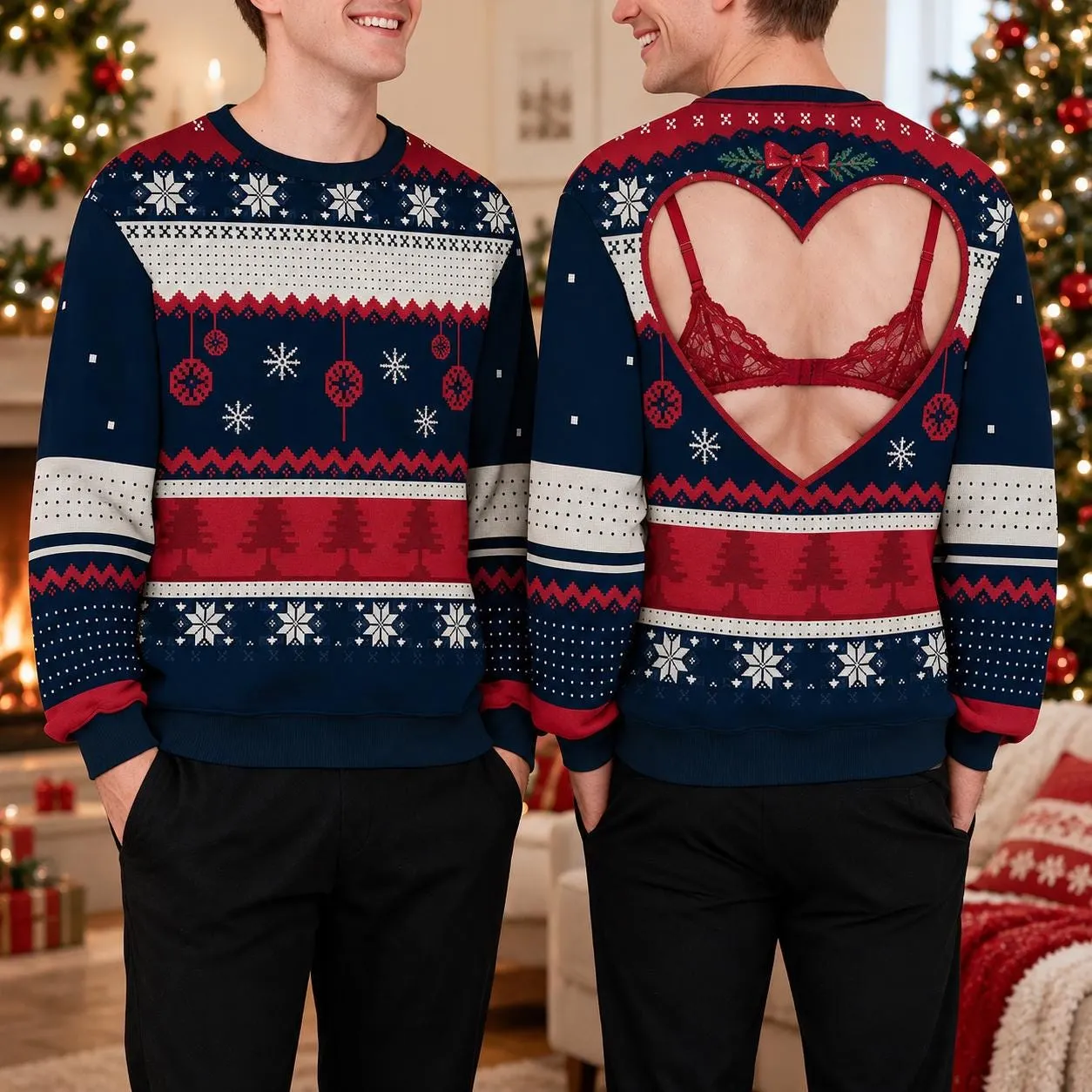 Personalized Funny Fat Back Bra Optical Illusion Sweatshirt, Family Ugly Christmas Sweater, Christmas Gift for Parent and Friend