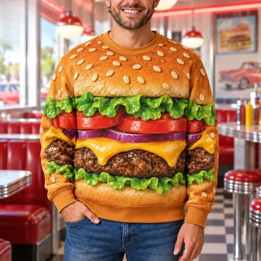 Burger Costume Sweatshirt, Fast Food Novelty Pullover, Funny Foodie 3D Printed Fake Body Top and Hoodie, Halloween Party Outfit