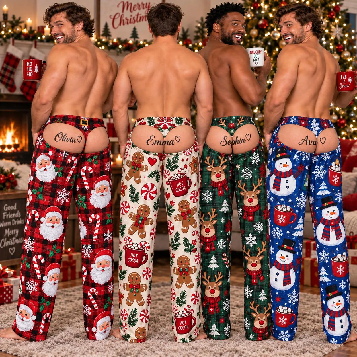 Personalized Funny Christmas Pajama Pants, Fake Butt Girlfriend Name Pants, Men's Xmas Lounge Pants, Gag Gift for Boyfriend Husband