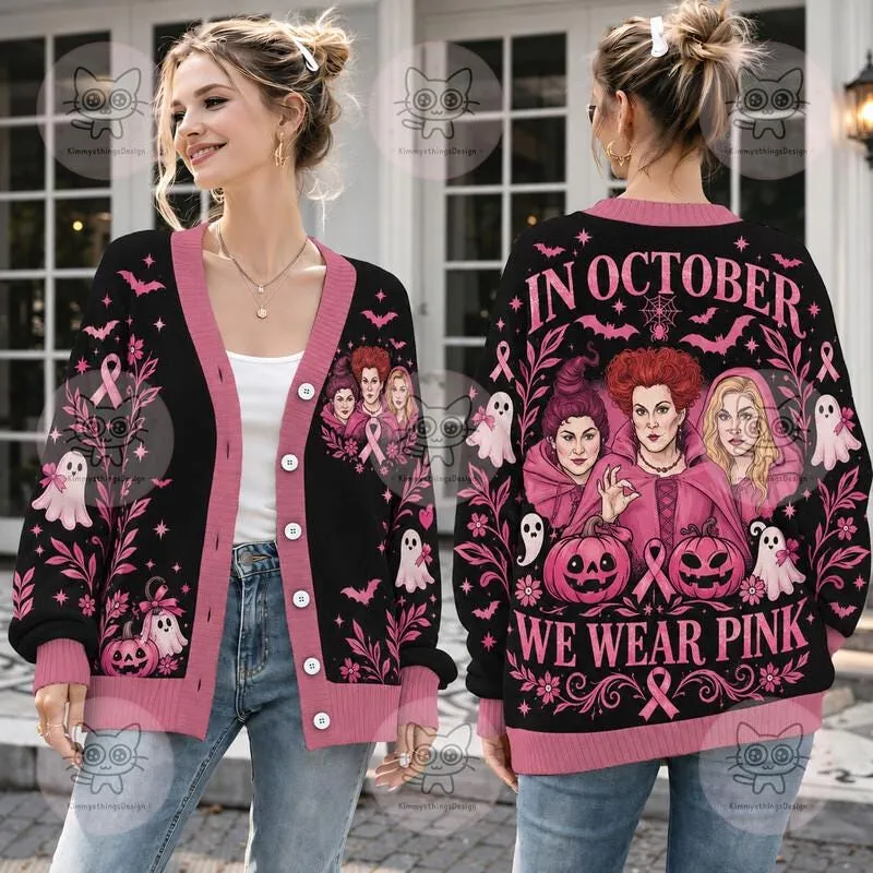 Hocus Pocus Sanderson Sisters Pink Ribbon Cardigan, Witch Sweater, Disneyland Halloween Witch Cosplay, Breast Cancer Awareness Knitwear