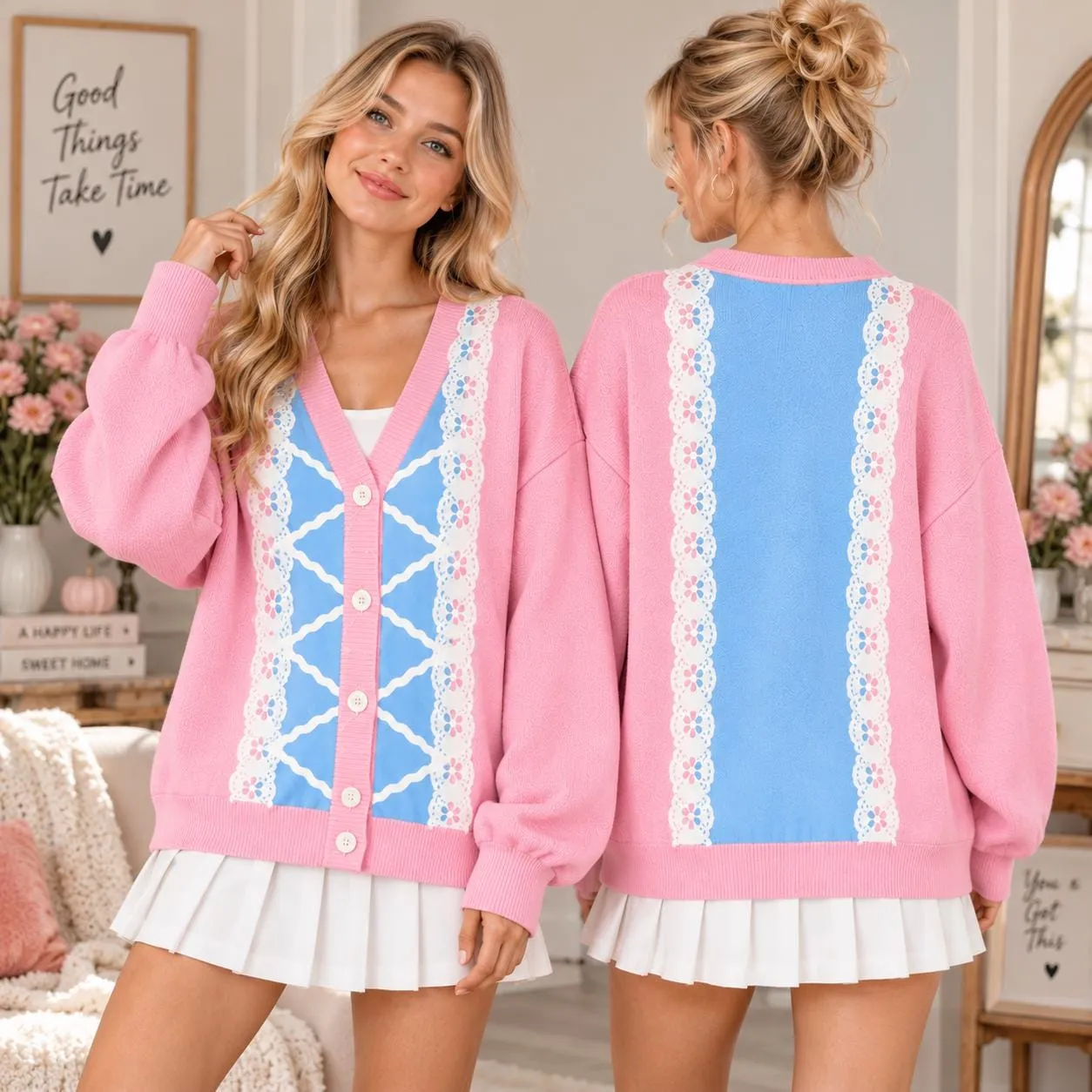 Bo Peep Toy Story Cardigan, Pink Blue Lace Sweater, Cute Women Bo Peep Inspired Cardigan, Pixar Movie Character 3D All Over Print Knit