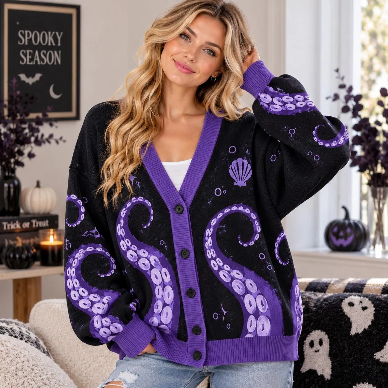 Ursula Villain Cardigan, Purple Octopus Sweater, Sea Witch Inspired Cardigan, Halloween Villain Outfit for Ursula Lovers
