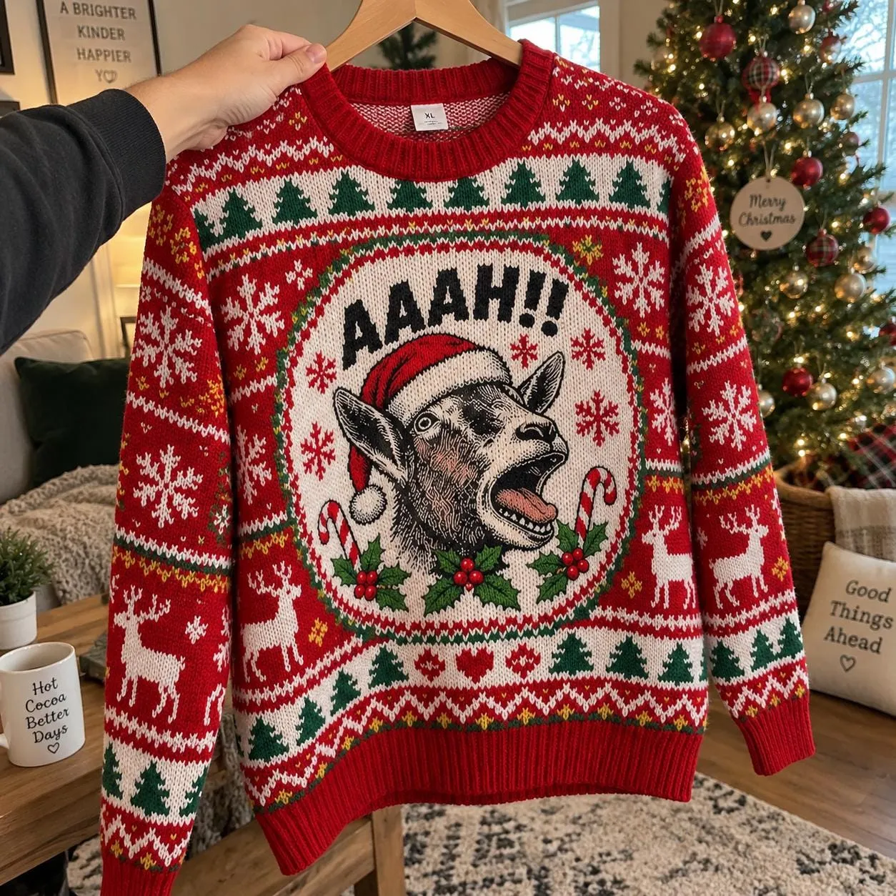 Screaming Goat Aaah Santa Hat Ugly Christmas Sweater, Red Fair Isle Holiday Pullover, Funny Goat Sweater, Christmas Party Gift for Men