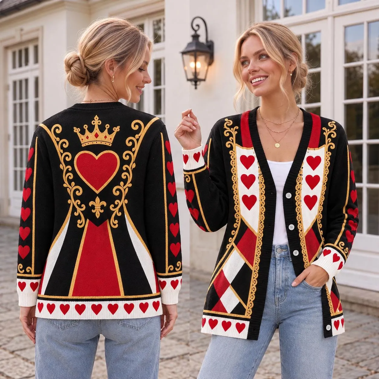 Queen of Hearts Cardigan Sweater, Playing Card Royal Villain Cosplay Knitwear, Theme Park Halloween Outfit, Wicked Queen Bounding Gift