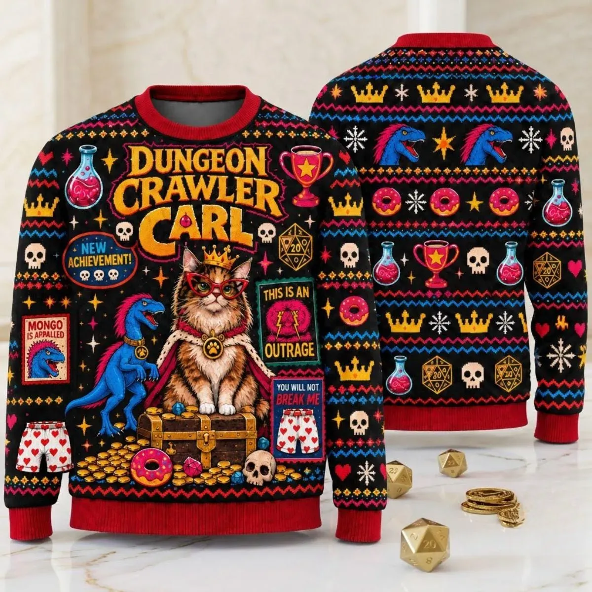 Dungeon Crawler Carl Ugly Christmas Sweater, Princess Donut and Mongo LitRPG Sweater, All Over Print Bookish Holiday Gift for Readers