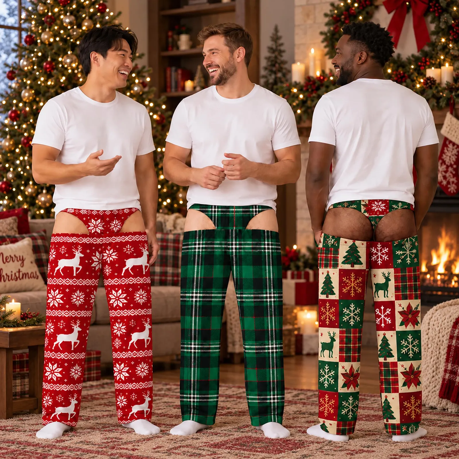 Personalized Funny Men's Christmas Pajama Pants, Fake Underwear Illusion Plaid Bottoms, Ugly Christmas Pants for Him, Gag Pajamas