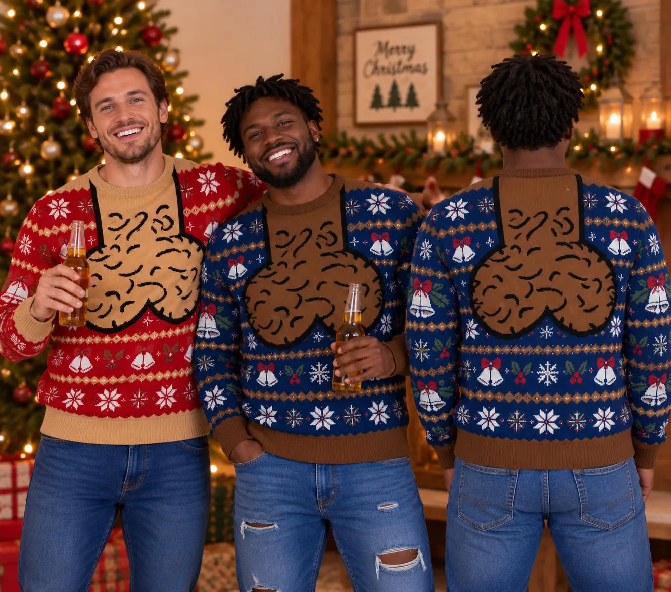 Funny Jingle Balls Ugly Christmas Sweater, Custom Skin Tone Hairy Chest Sweater for Men, Christmas Gift for Husband Dad Grandpa