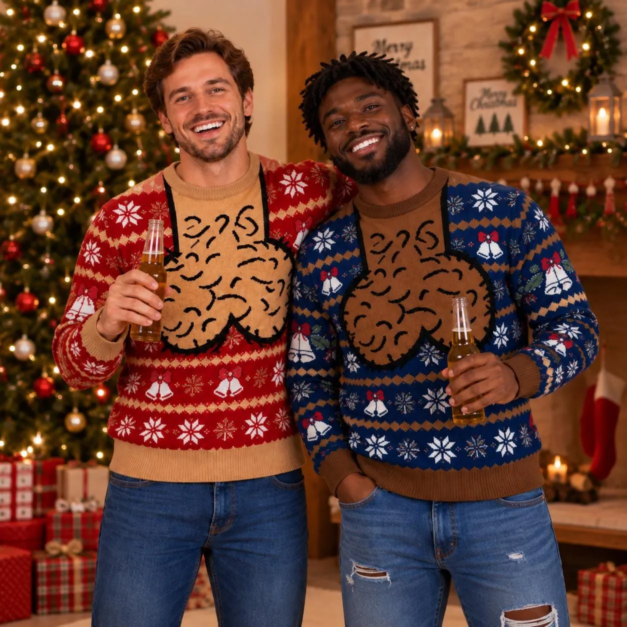 Personalized Hairy Chest Ugly Christmas Sweater, Custom Skin Tone Funny Christmas Sweater for Men, Fair Isle Xmas Jumper, Christmas Gift for Him