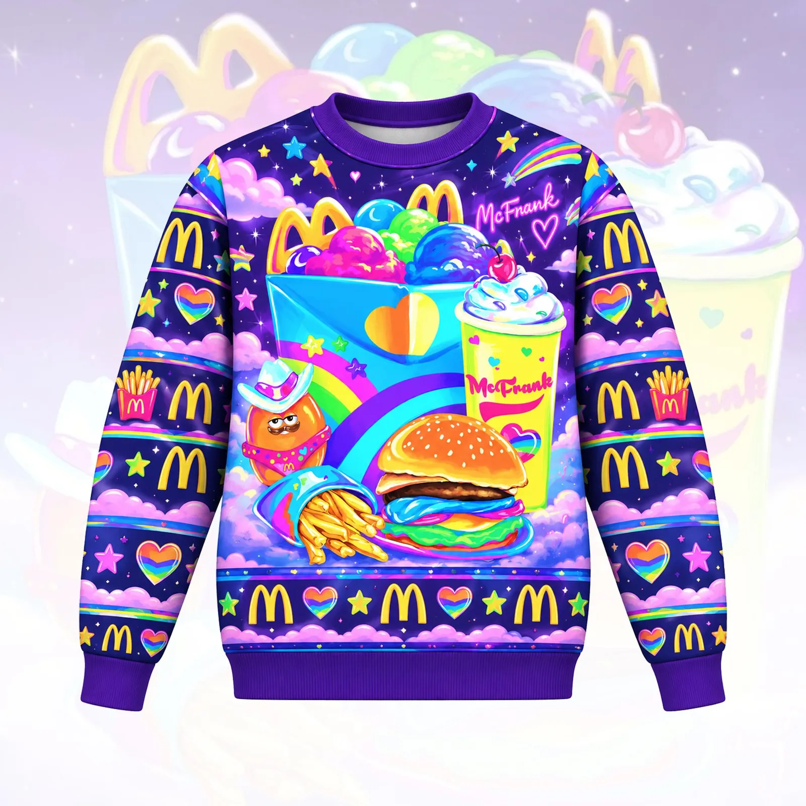 Funny Fast Food Ugly Sweater, Colorful Rainbow Burger Fries Milkshake Sweatshirt, Retro Food Holiday Sweater, All Over Print Christmas Gift
