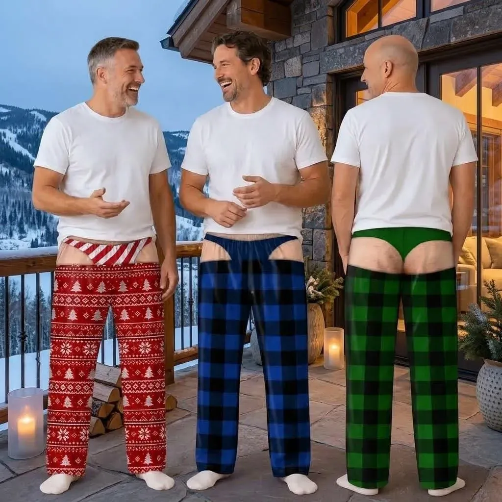 Personalized Funny Christmas Pajama Pants, Custom Fake Thong PJ Bottoms, Ugly Christmas Lounge Pants, Christmas Gag Pants for Men