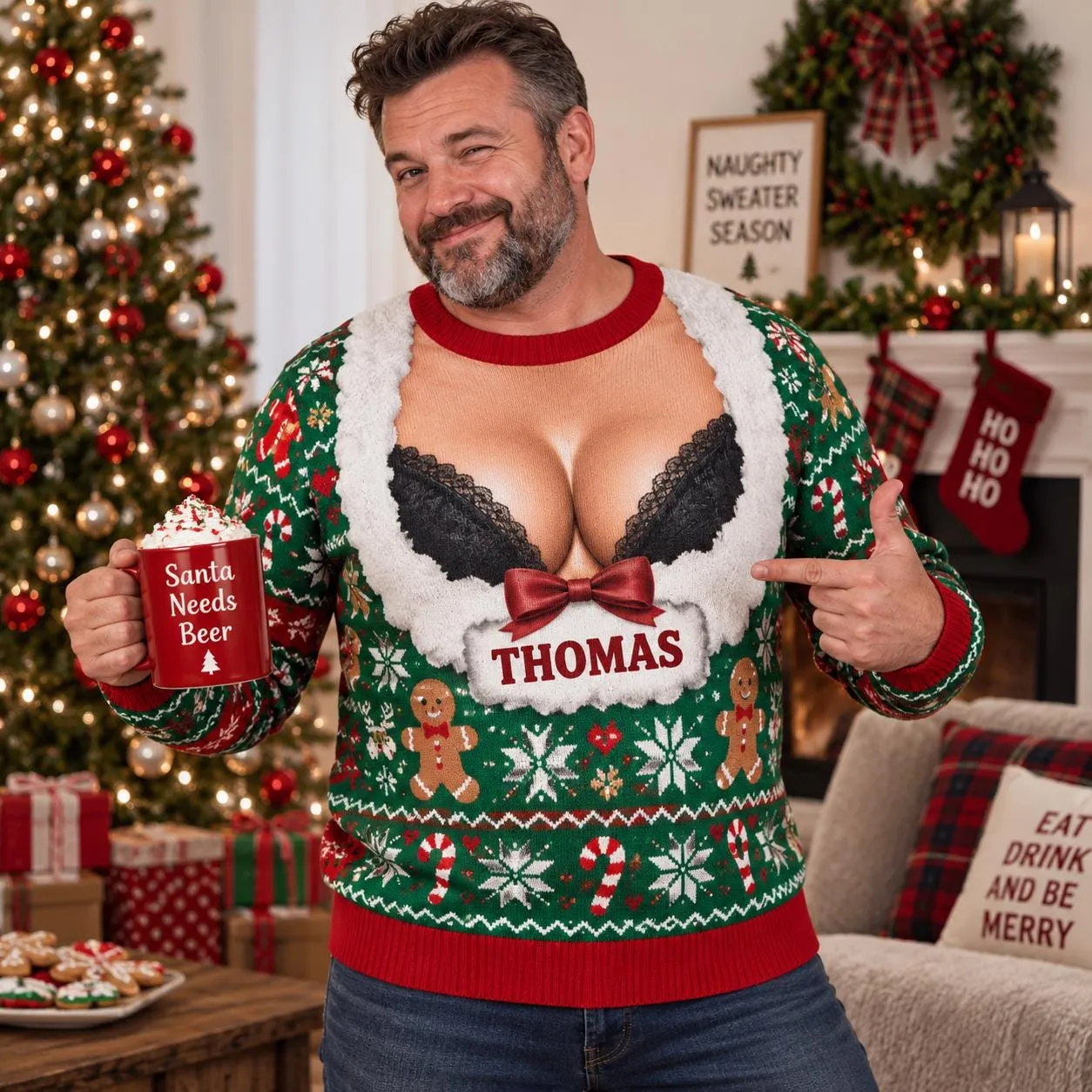 Personalized Custom Name Fake Cleavage Ugly Christmas Sweater, Funny Bra Optical Illusion Christmas Sweater for Men, Naughty Holiday Sweater
