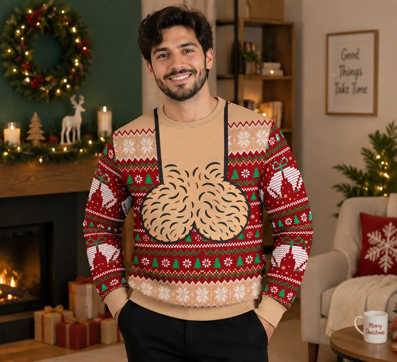 Men's Jingle Balls Hairy Chest Ugly Christmas Sweater, Funny Fair Isle Christmas Sweater, Holiday Sweatshirt, Funny Husband Gift