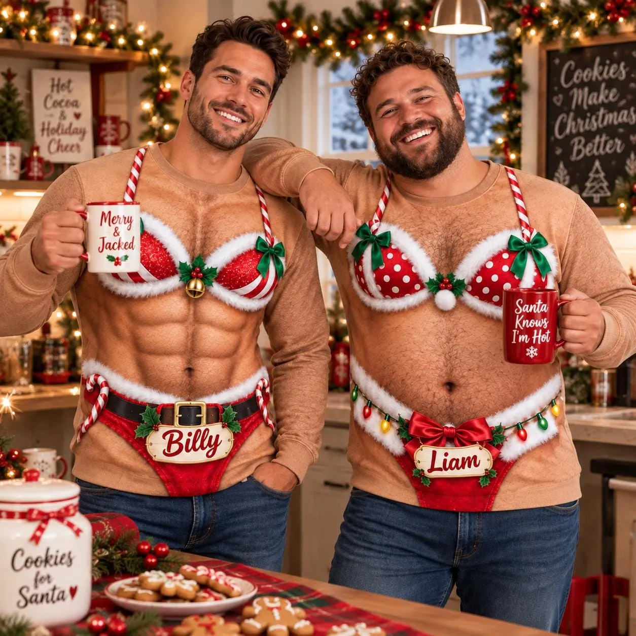 Personalized Funny Christmas Ugly Sweatshirt, Custom Name Fake Body Abs or Big Belly, Long Sleeve Crewneck, Santa Gag Gift